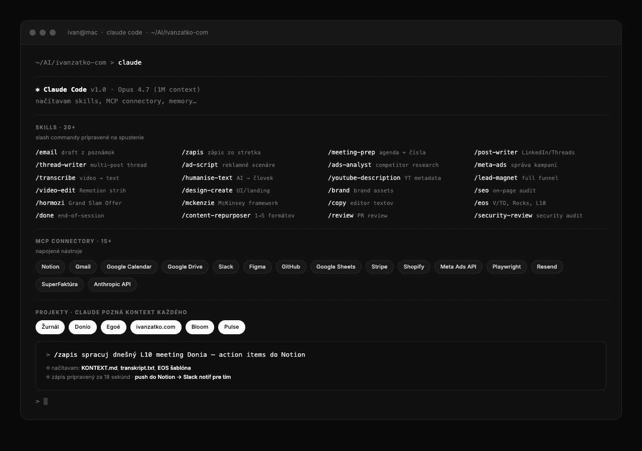 Claude Code setup so skills a connectormi, reálny terminál Ivana Zaťka